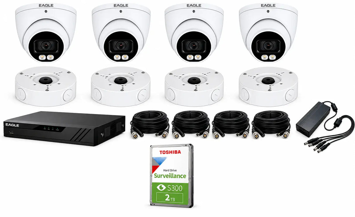 Eagle Analogue 4-camera CCTV kit contents including four dome cameras, four junction back boxes, a black DVR recorder, four BNC cables, a multi-power lead, a power supply adaptor, and a Toshiba 2TB surveillance hard drive