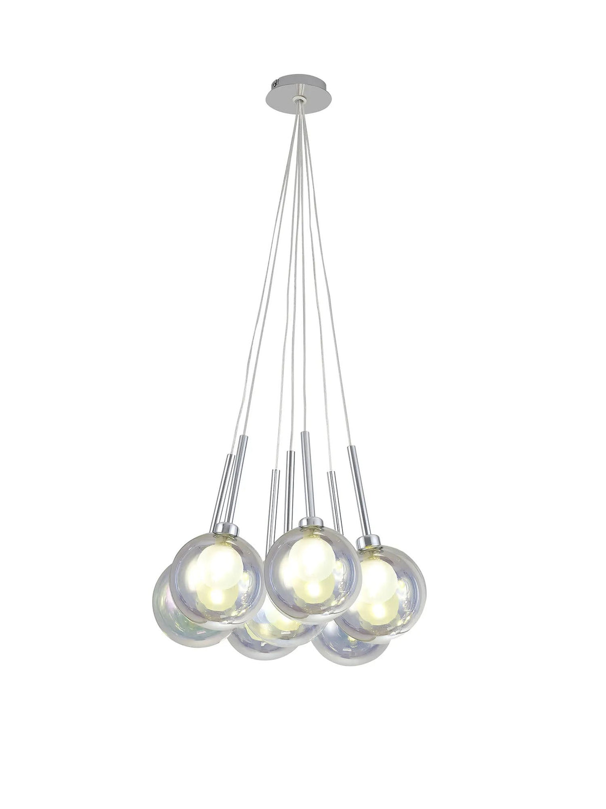 Lathen Cluster Pendant 1.5m, 7 x G9, Polished Chrome/Iridescent/Frosted Type G Shade