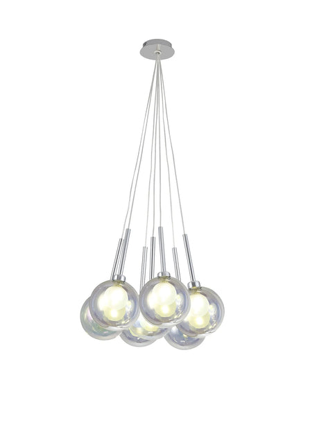Lathen Cluster Pendant 1.5m, 7 x G9, Polished Chrome/Iridescent/Frosted Type G Shade