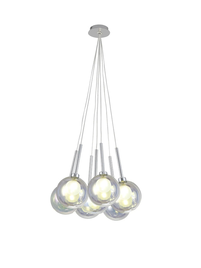 Lathen Cluster Pendant 1.5m, 7 x G9, Polished Chrome/Iridescent/Frosted Type G Shade