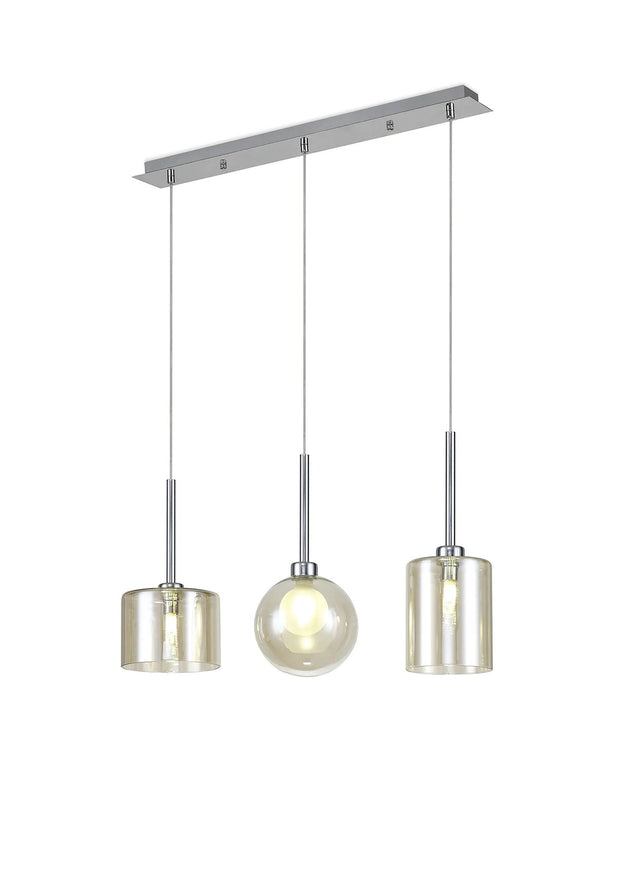Lathen Linear Pendant 2m, 3 x G9, Polished Chrome/Cognac/Frosted Type B,C,G Shade