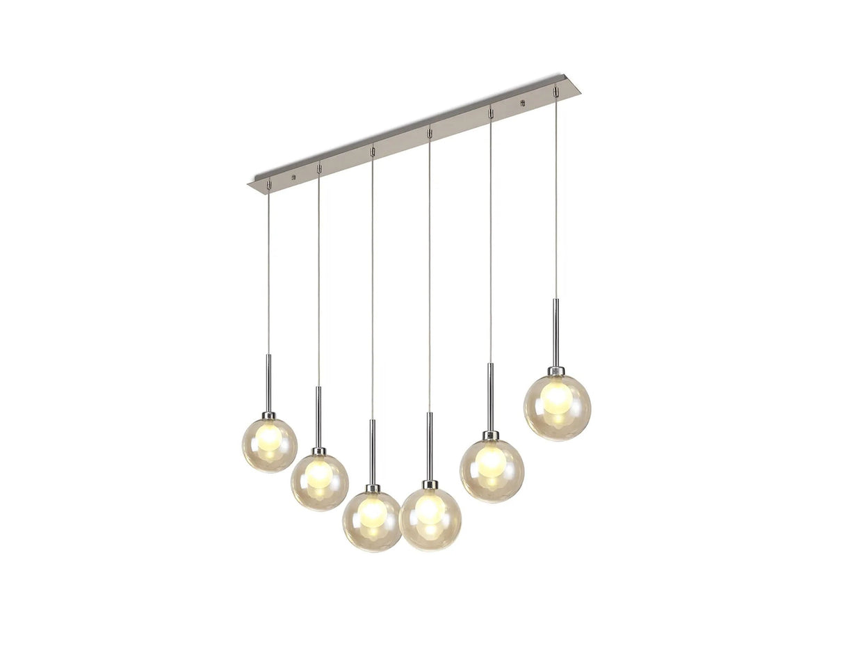 Lathen Linear Pendant 2m, 6 x G9, Polished Chrome/Cognac/Frosted Type G Shade