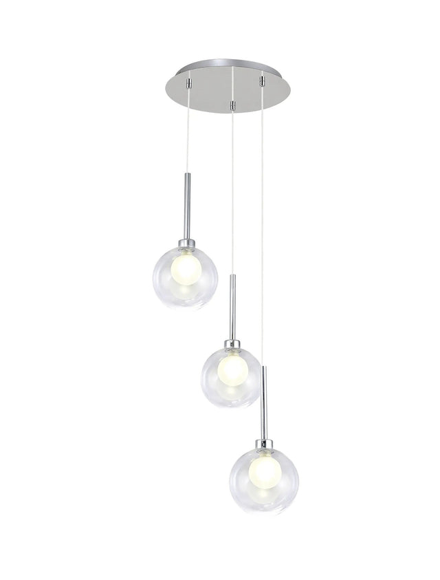 Lathen Round Pendant 2m, 3 x G9, Polished Chrome/Clear/Frosted Type G Shade
