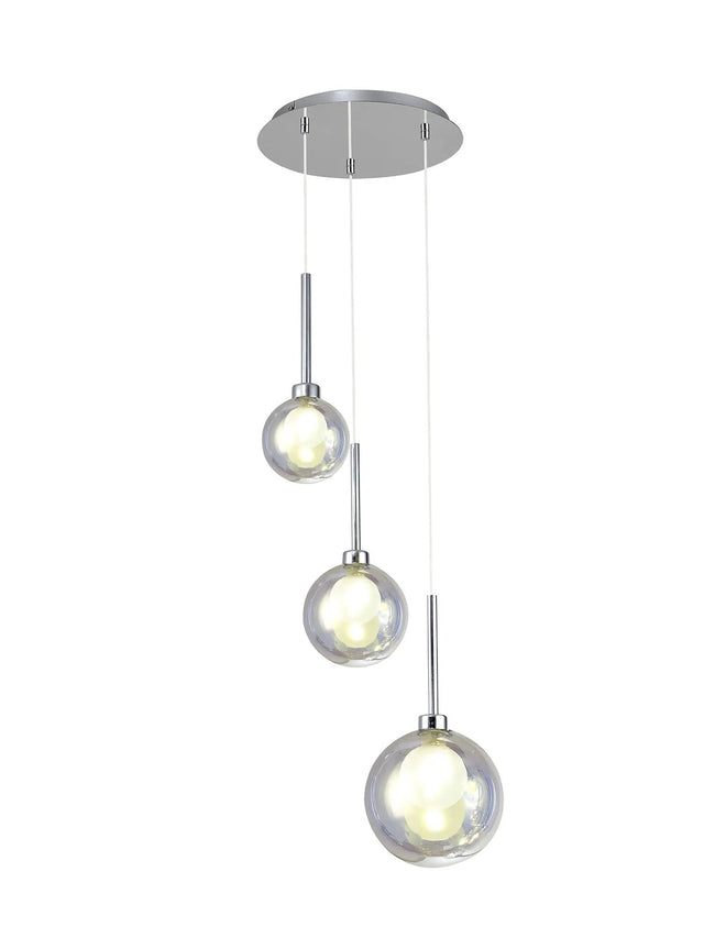 Lathen Round Pendant 2m, 3 x G9, Polished Chrome/Iridescent/Frosted Type G Shade