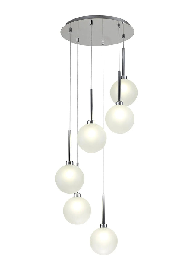 Lathen Round Pendant 2.5m, 6 x G9, Polished Chrome/Frosted Type G Shade