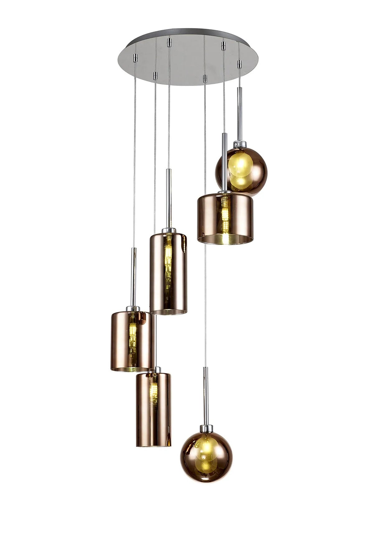 Lathen Round Pendant 2.5m, 6 x G9, Polished Chrome/Copper/Frosted Type A,B,C,G Shade