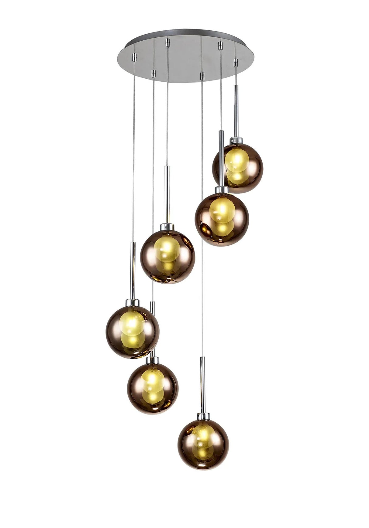 Lathen Round Pendant 2.5m, 6 x G9, Polished Chrome/Copper/Frosted Type G Shade