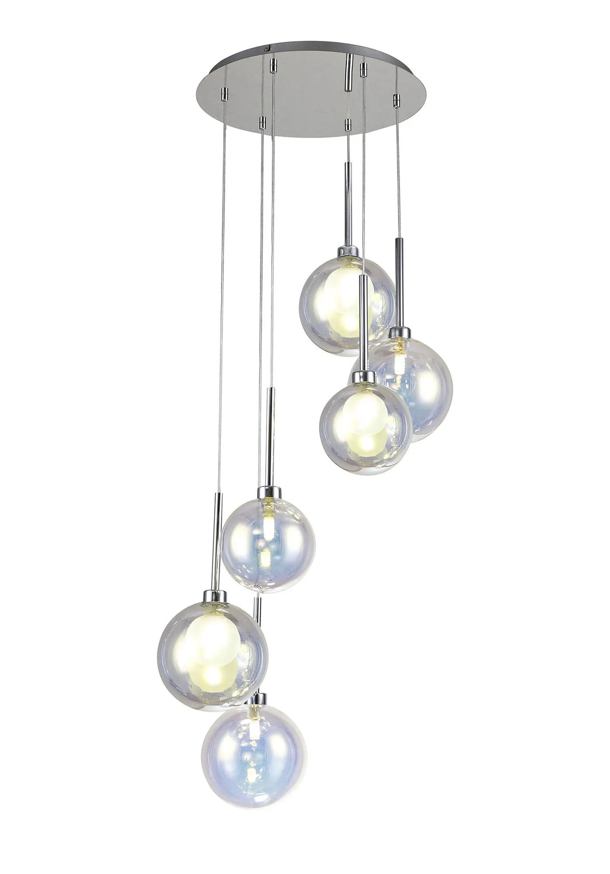 Lathen Round Pendant 2.5m, 6 x G9, Polished Chrome/Iridescent/Frosted Type G Shade