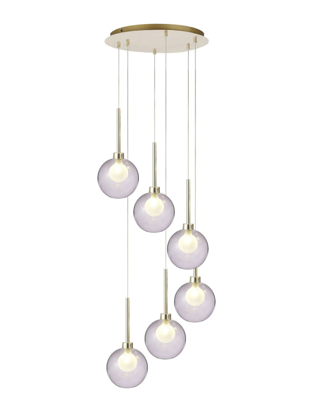 Lathen Round Pendant 2.5m, 6 x G9, French Gold/Smoked/Frosted Type G Shade