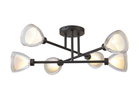 Lathen Crossed Arm Semi Flush 6 Light Cone Glass Satin Black
