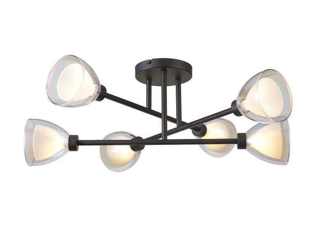 Lathen Crossed Arm Semi Flush 6 Light Cone Glass Satin Black