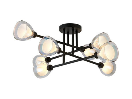Lathen Crossed Arm Semi Flush 8 Light Cone Glass Satin Black