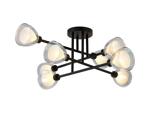 Lathen Crossed Arm Semi Flush 8 Light Cone Glass Satin Black