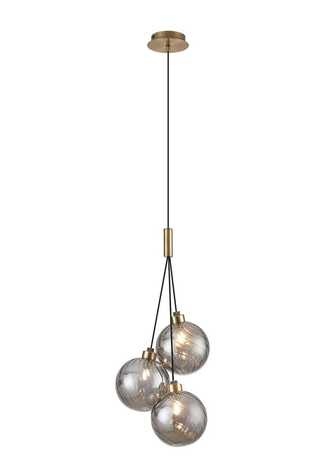 Lathen Drop Cluster Pendant, 3 x G9, Antique Brass/Smoked Waved Glass