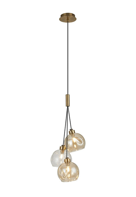 Lathen Drop Cluster Pendant, 3 x G9, Antique Brass/Cognac/Clear Dimpled Glass