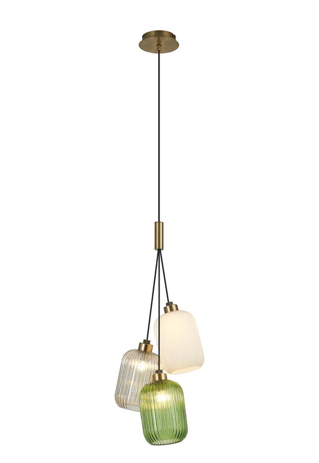 Lathen Drop Cluster Pendant, 3 x G9, Antique Brass/Green/Opal/Champagne Tubular Ribbed Glass