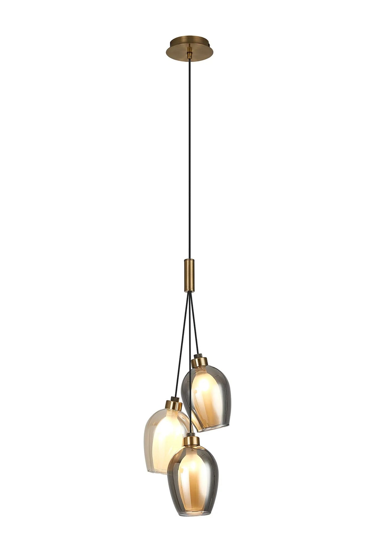 Lathen Drop Cluster Pendant, 3 x G9, Antique Brass/Smoked/Cognac/Inner Frosted Wine Glass