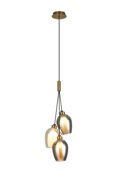 Lathen Drop Cluster Pendant, 3 x G9, Antique Brass/Smoked/Cognac/Inner Frosted Wine Glass