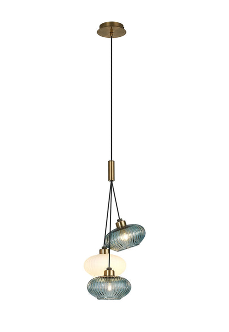 Lathen Drop Cluster Pendant, 3 x G9, Antique Brass/Opal/Blue Oval Sphere Ribbed Glass