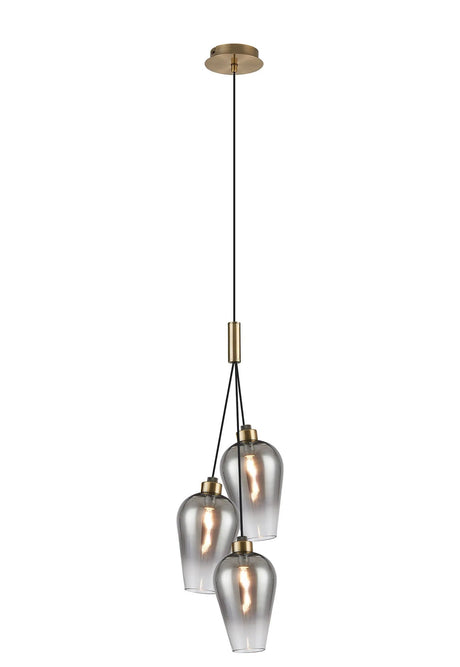 Lathen Drop Cluster Pendant, 3 x G9, Antique Brass/Smoke Fade/Clear Pear Glass
