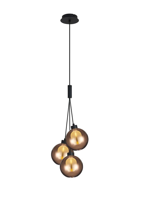 Lathen Drop Cluster Pendant, 3 x G9, Satin Black/Copper With Inner Frosted Globe Glass