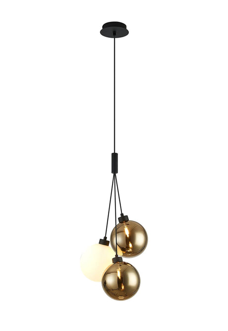 Lathen Drop Cluster Pendant, 3 x G9, Satin Black/Opal/Gold Globe Glass