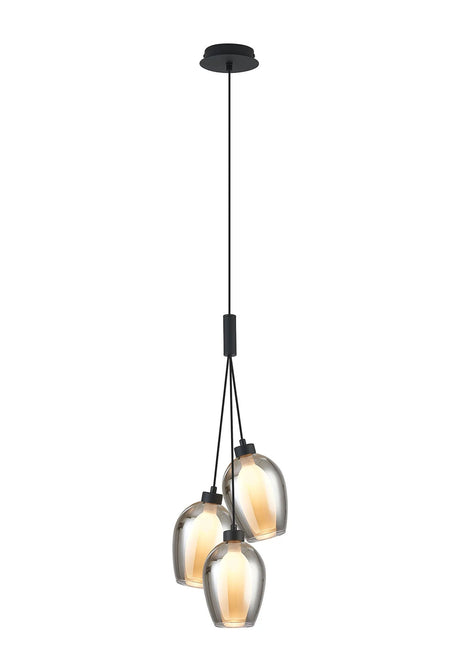 Lathen Drop Cluster Pendant, 3 x G9, Satin Black/Smoked/Inner Frosted Wine Glass