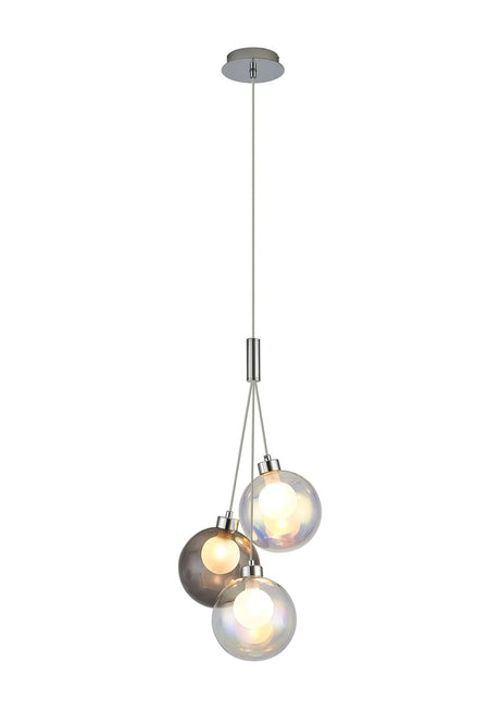 Lathen Drop Cluster Pendant, 3 x G9, Polished Chrome/Iridescent/Smoke With Inner Frosted Globe Glass