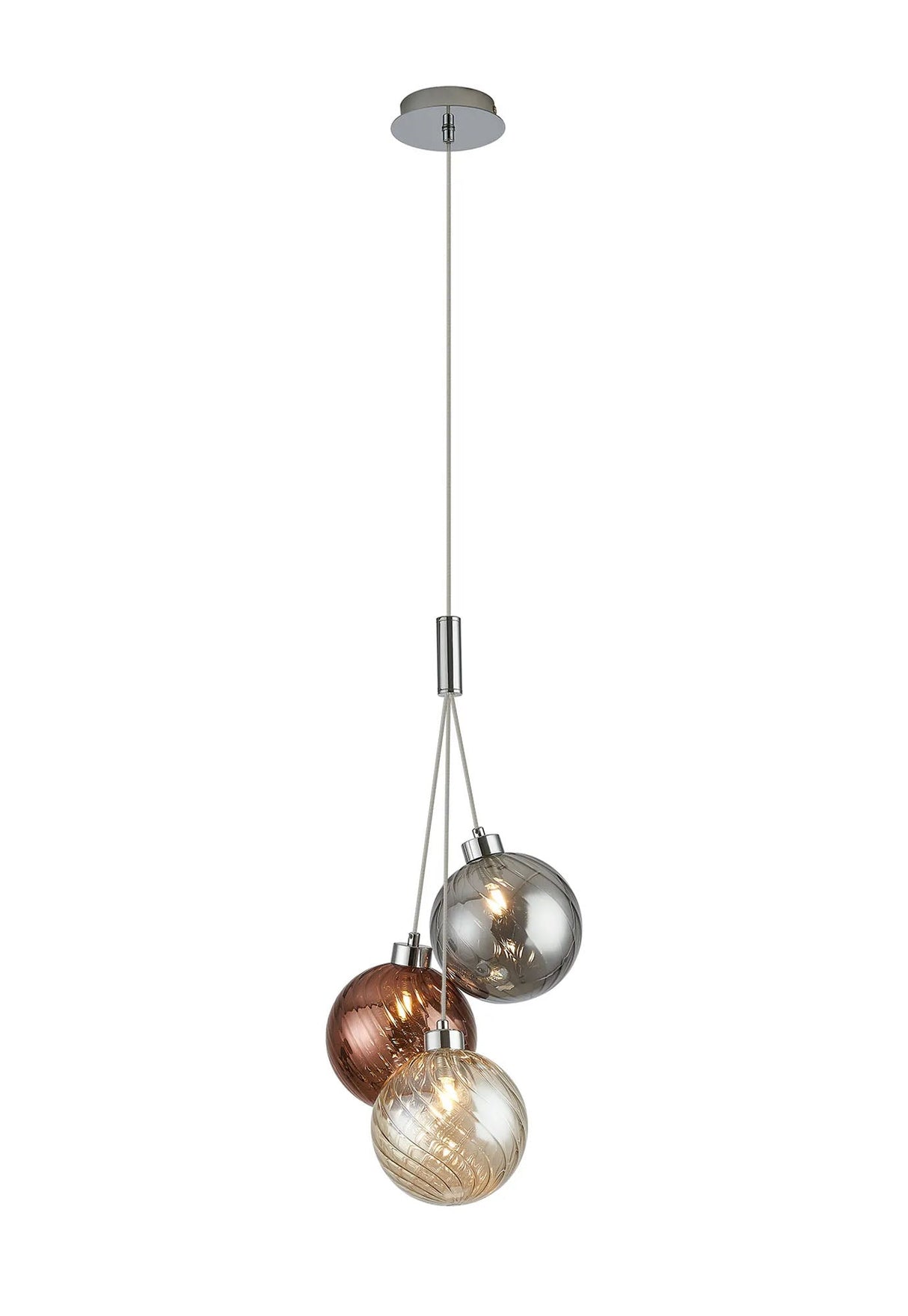 Lathen Drop Cluster Pendant, 3 x G9, Polished Chrome/Smoked/Cognac/Copper Waved Glass