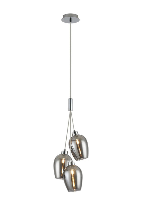 Lathen Drop Cluster Pendant, 3 x G9, Polished Chrome/Smoked Wine Glass