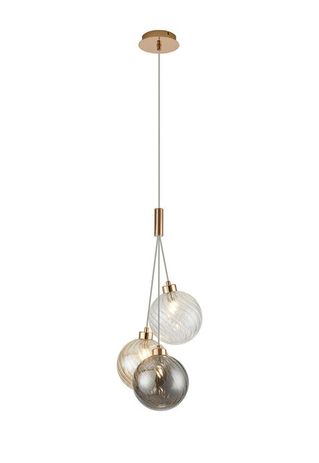 Lathen Drop Cluster Pendant, 3 x G9, French Gold/Smoked/Cognac/Clear Waved Glass