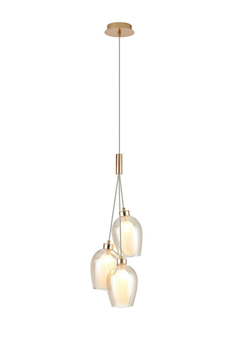 Lathen Drop Cluster Pendant, 3 x G9, French Gold/Cognac/Inner Frosted Wine Glass