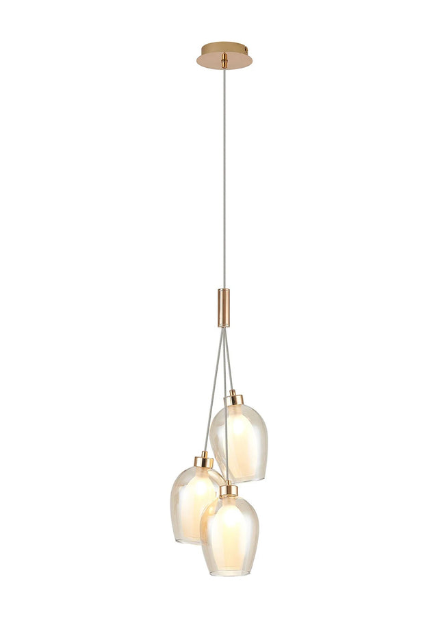Lathen Drop Cluster Pendant, 3 x G9, French Gold/Cognac/Inner Frosted Wine Glass