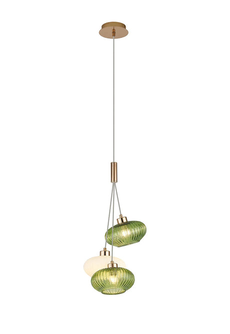 Lathen Drop Cluster Pendant, 3 x G9, French Gold/Green/Opal Oval Sphere Ribbed Glass