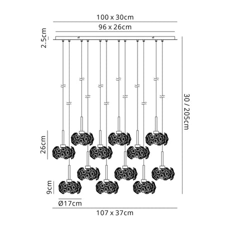 Byrne 12 x G9 2m Linear Pendant With Satin Black/Crystal Shade