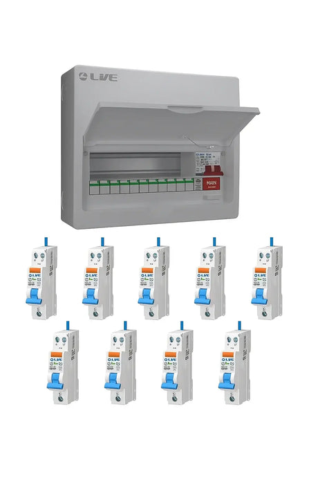Live Electrical 14-way metal consumer unit with lid open showing fitted SPD and main switch, displayed alongside nine individual RCBO circuit breakers