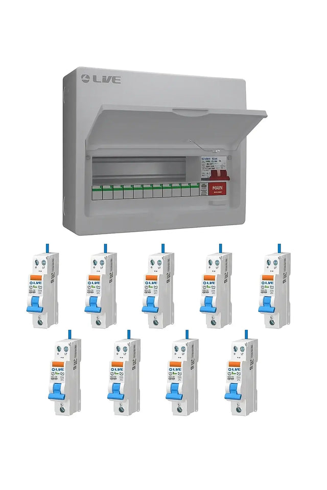 Live Electrical 14-way metal consumer unit with lid open showing fitted SPD and main switch, displayed alongside nine individual RCBO circuit breakers