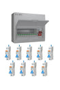 Live Electrical 14-way metal consumer unit with lid open showing fitted SPD and main switch, displayed alongside nine individual RCBO circuit breakers