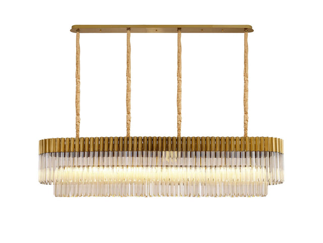 Longhorn 180 x 40cm Linear Pendant, 9 Light E14, Brass/Cognac Sculpted Glass