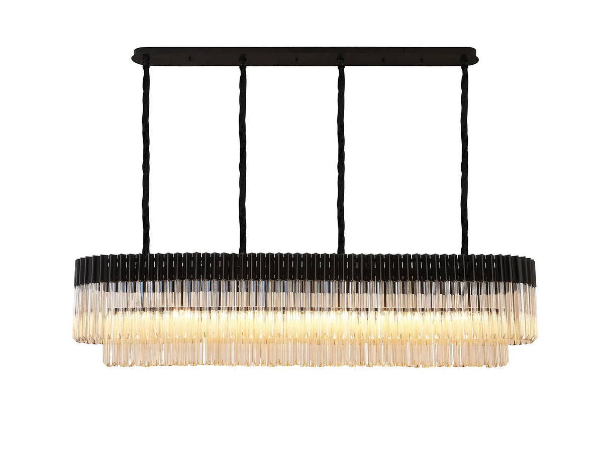 Longhorn 180 x 40cm Linear Pendant, 9 Light E14, Matt Black/Cognac Sculpted Glass