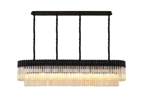 Longhorn 180 x 40cm Linear Pendant, 9 Light E14, Matt Black/Cognac Sculpted Glass