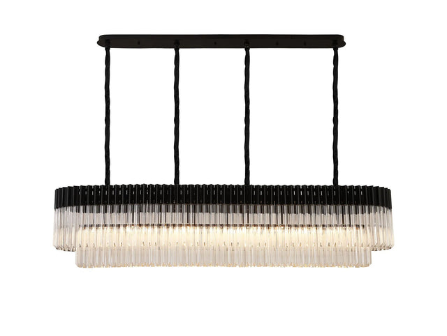 Longhorn 180 x 40cm Linear Pendant, 9 Light E14, Matt Black/Clear Sculpted Glass