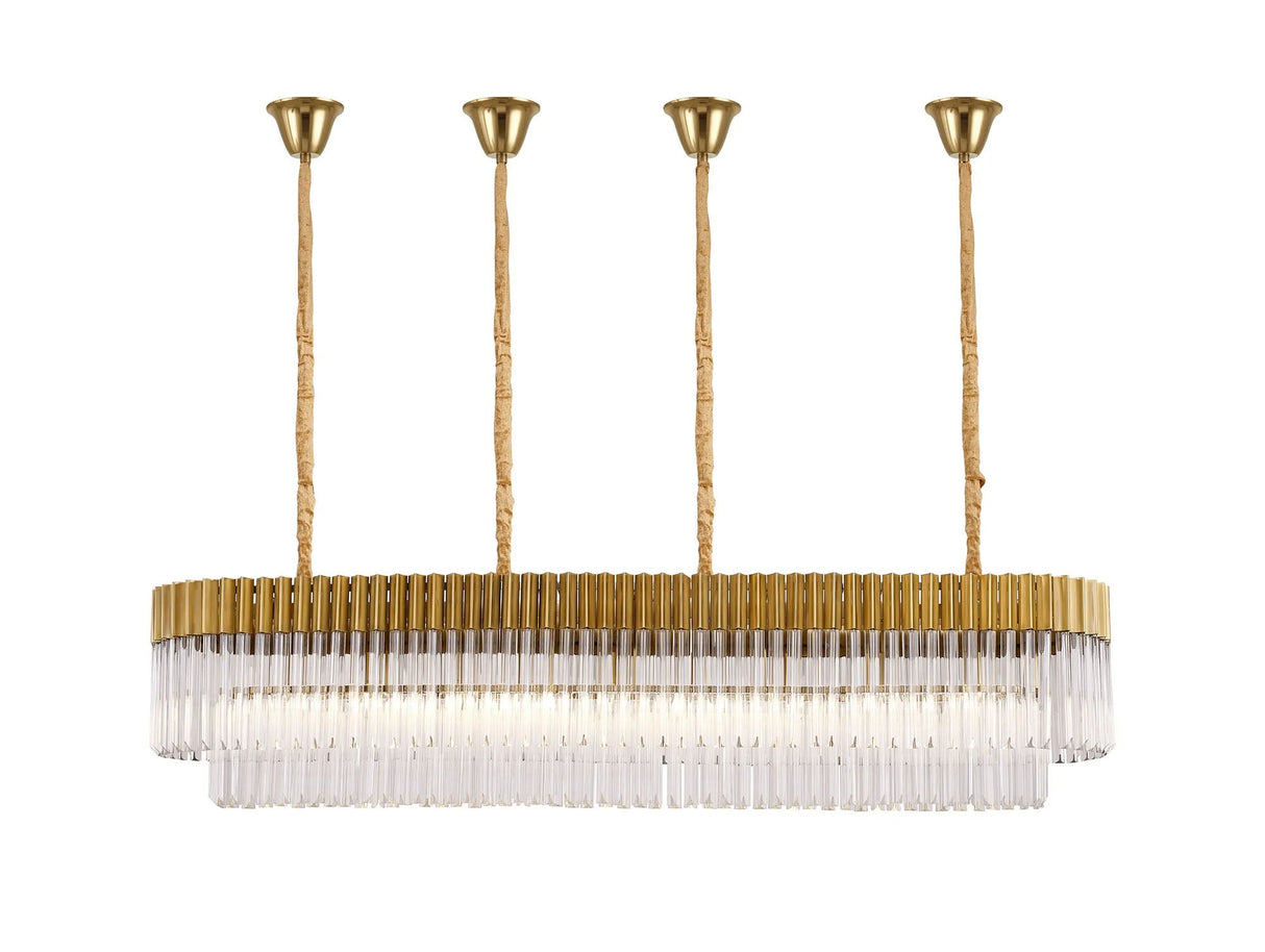 Longhorn 180 x 40cm Linear Pendant With Bell Cup, 9 Light E14, Brass/Clear Sculpted Glass
