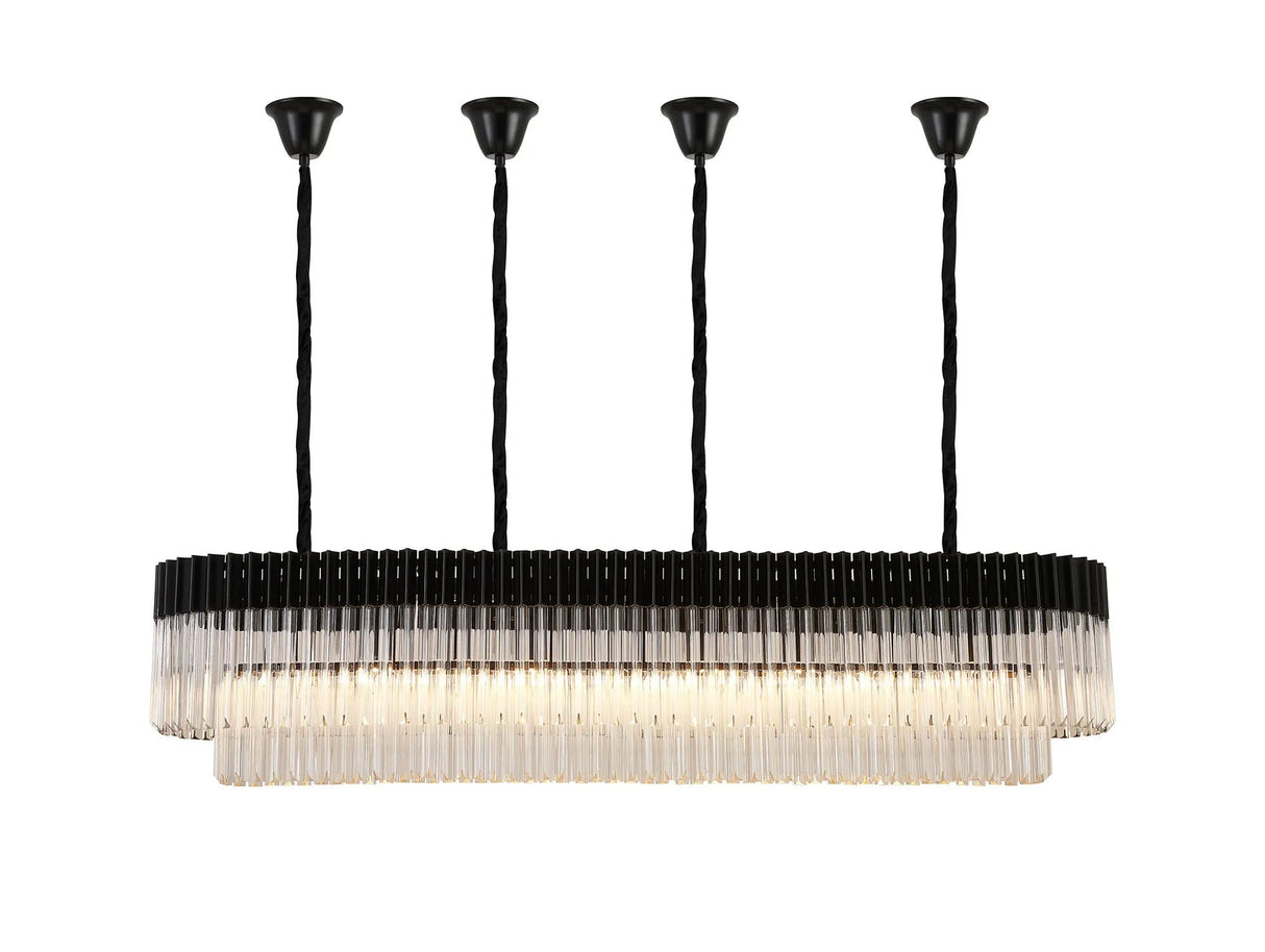 Longhorn 180 x 40cm Linear Pendant With Bell Cup, 9 Light E14, Matt Black/Clear Sculpted Glass