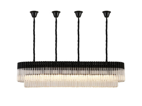 Longhorn 180 x 40cm Linear Pendant With Bell Cup, 9 Light E14, Matt Black/Clear Sculpted Glass
