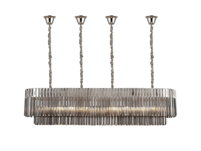 Longhorn 180 x 40cm Linear Pendant With Bell Cup, 9 Light E14, Polished Nickel/Smoked Sculpted Glass