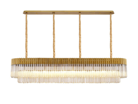 Longhorn 200 x 40cm Linear Pendant, 10 Light E14, Brass/Cognac Sculpted Glass