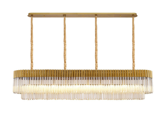 Longhorn 200 x 40cm Linear Pendant, 10 Light E14, Brass/Cognac Sculpted Glass