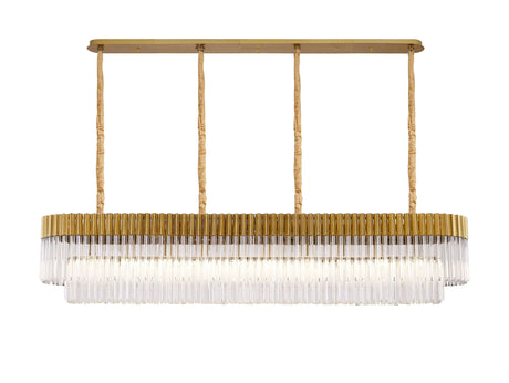 Longhorn 200 x 40cm Linear Pendant, 10 Light E14, Brass/Clear Sculpted Glass