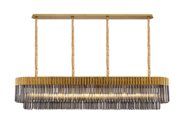 Longhorn 200 x 40cm Linear Pendant, 10 Light E14, Brass/Smoked Sculpted Glass
